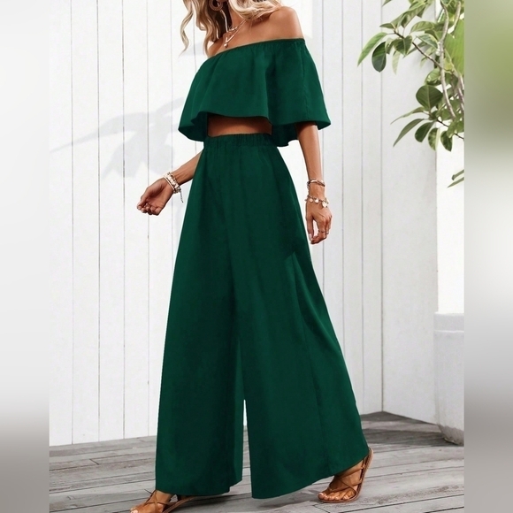 Off Shoulder Crop Top & Wide Leg Pants - Picture 1 of 5